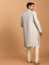 Vastramay Men's Grey Jaccard Sherwani With Cream Kurta Pant Set